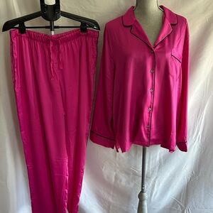 Victoria's Secret Hot Pink Satin Pajama Set with Black Piping